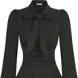 Long Sleeve Peplum Blouse with Bow and Smocked Waist